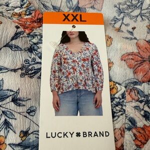 Lucky Brand Floral V-Neck Blouse - Red and Blue